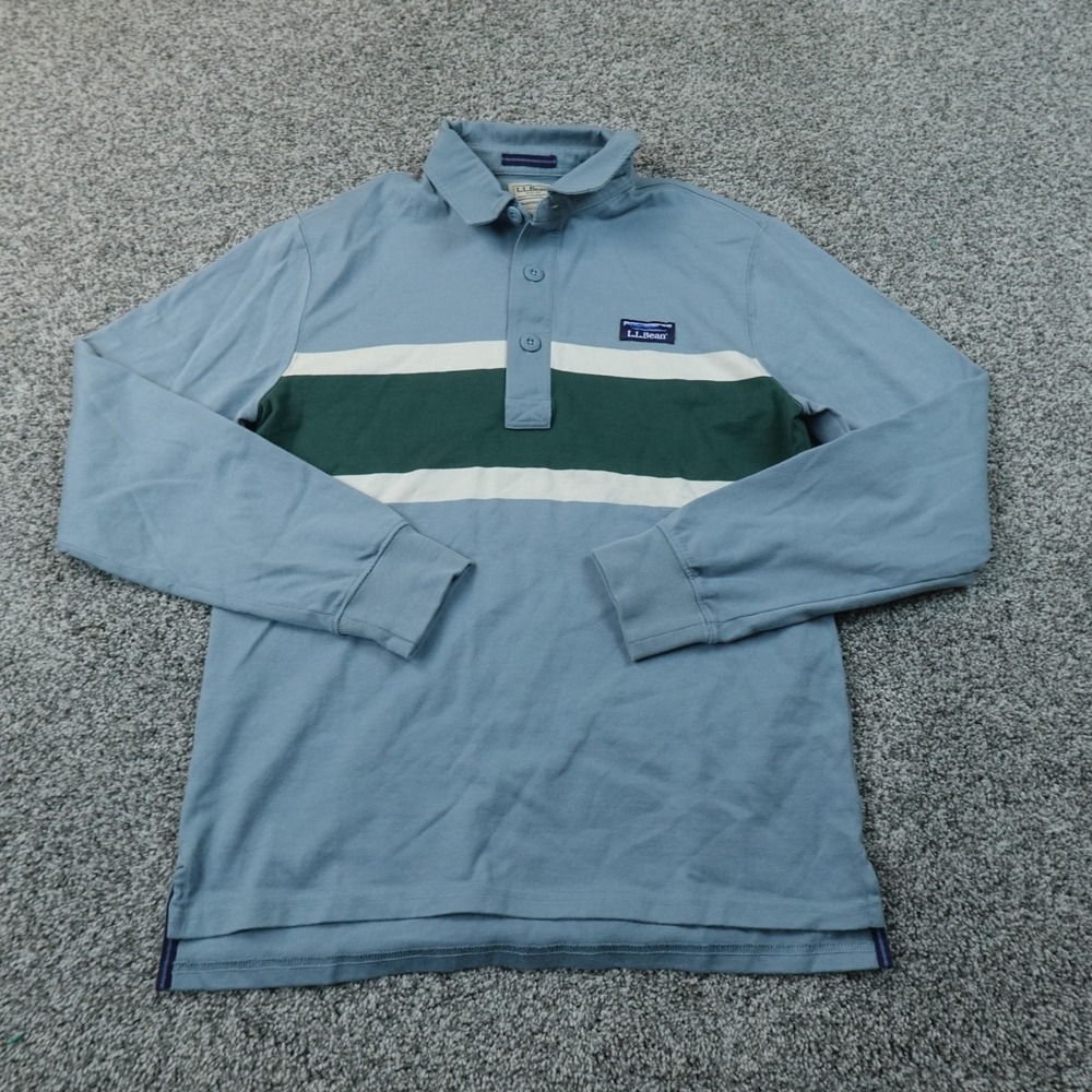 LL Bean Polo Shirt Mens S Blue Green Stripe Soft Rugby Long Sleeve Casual Preppy